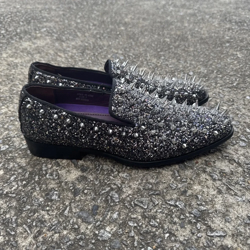 After Minute Black Spikes Slip-On Smoking‎ Men's Prom Dress Shoes Sz 7 Glitter